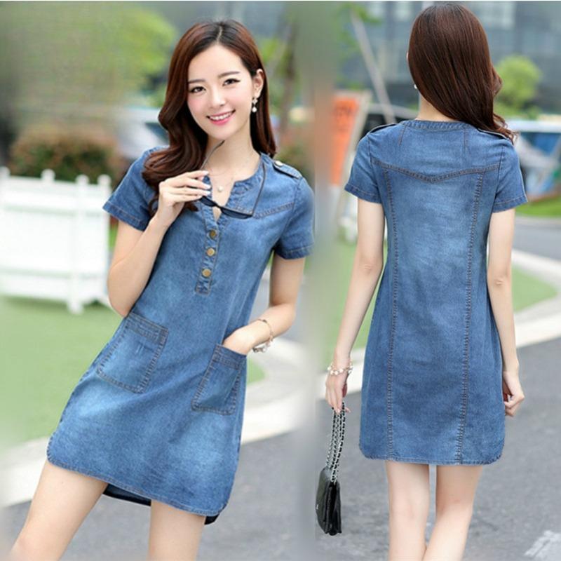

Корейское джинсовое платье с короткими рукавами для женщин, свободная юбка большого размера А-силуэта 4XL темно-синий