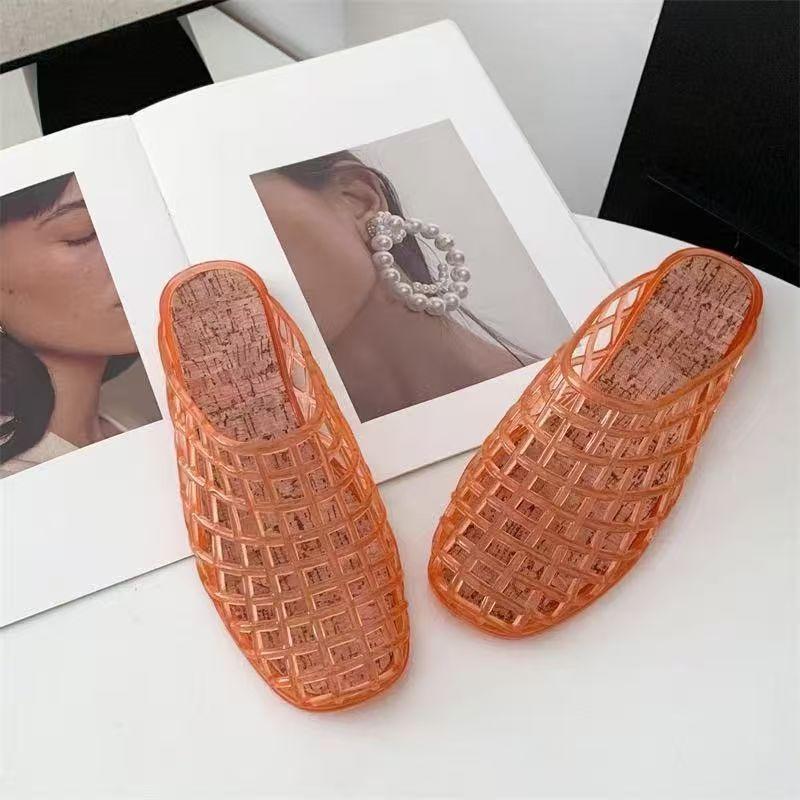 Niche Design Summer New Square Head Hollow One Pedal Flat Bottom Soft Bottom Jelly Bag Head Cool Slippers Women