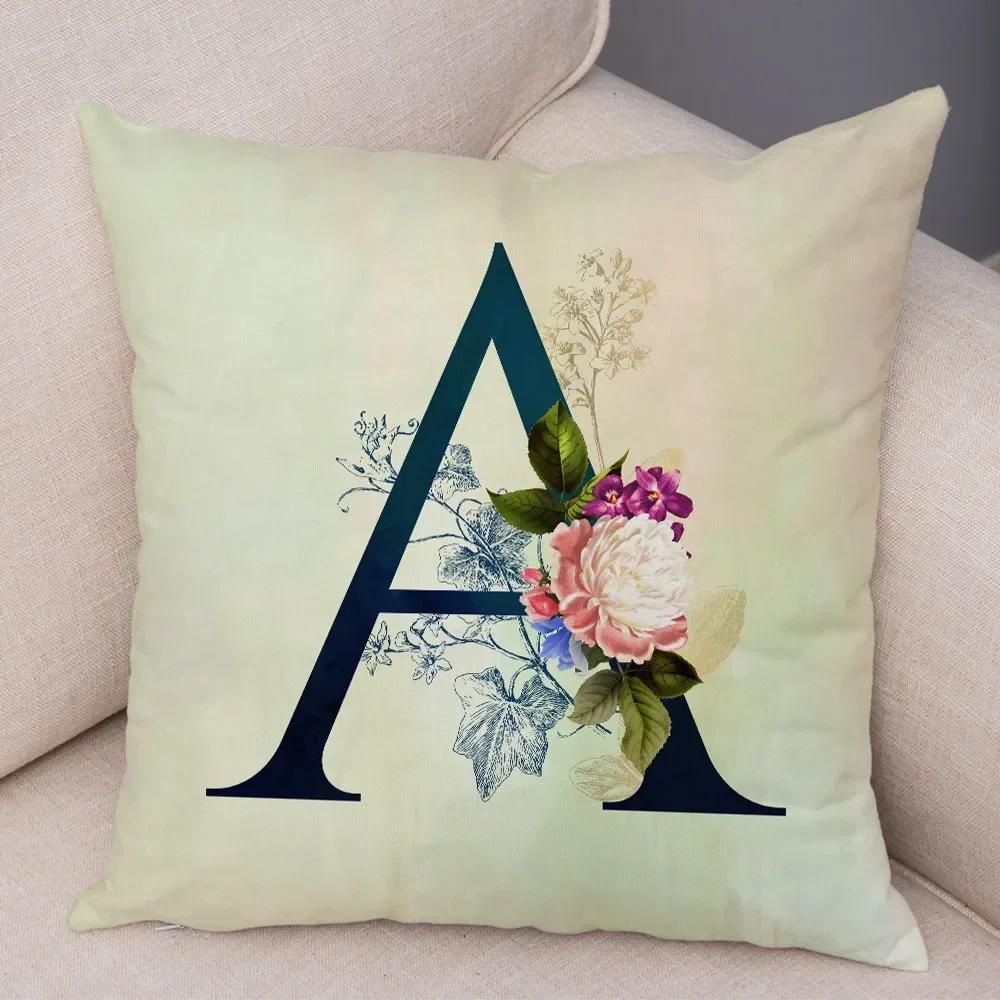 English Flower Beige Letter Print Pillow Case for Sofa Home Decor Floral A-Z Cushion Cover Soft Short Plush Pillowcase 45x45cm