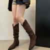 French Retro Coffee Stacked Boots Western Cowboy Boots Summer and Autumn High Boots Women's Boots Small Khaki Boots