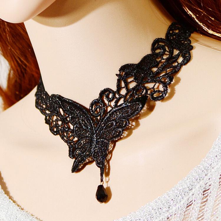 Korean Fashion Black Lace Butterfly Necklace with Gemstones – Vintage Court Teardrop Choker