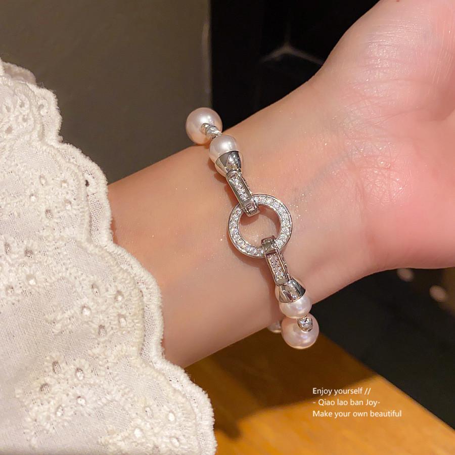 Geometric Zircon Artificial Pearl Bracelet With Silver Finish For Womens Fashion Accessories