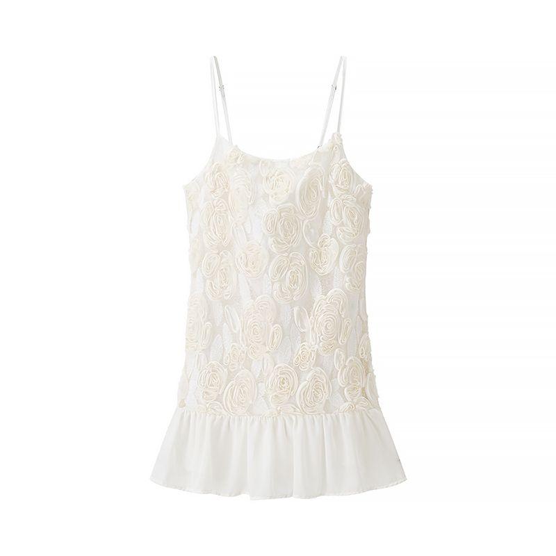 

Goddess Romance French style Gentle Atmosphere Three-Dimensional Flower Patchwork Pleated Short Vacation Sling Dress Apricot Short S