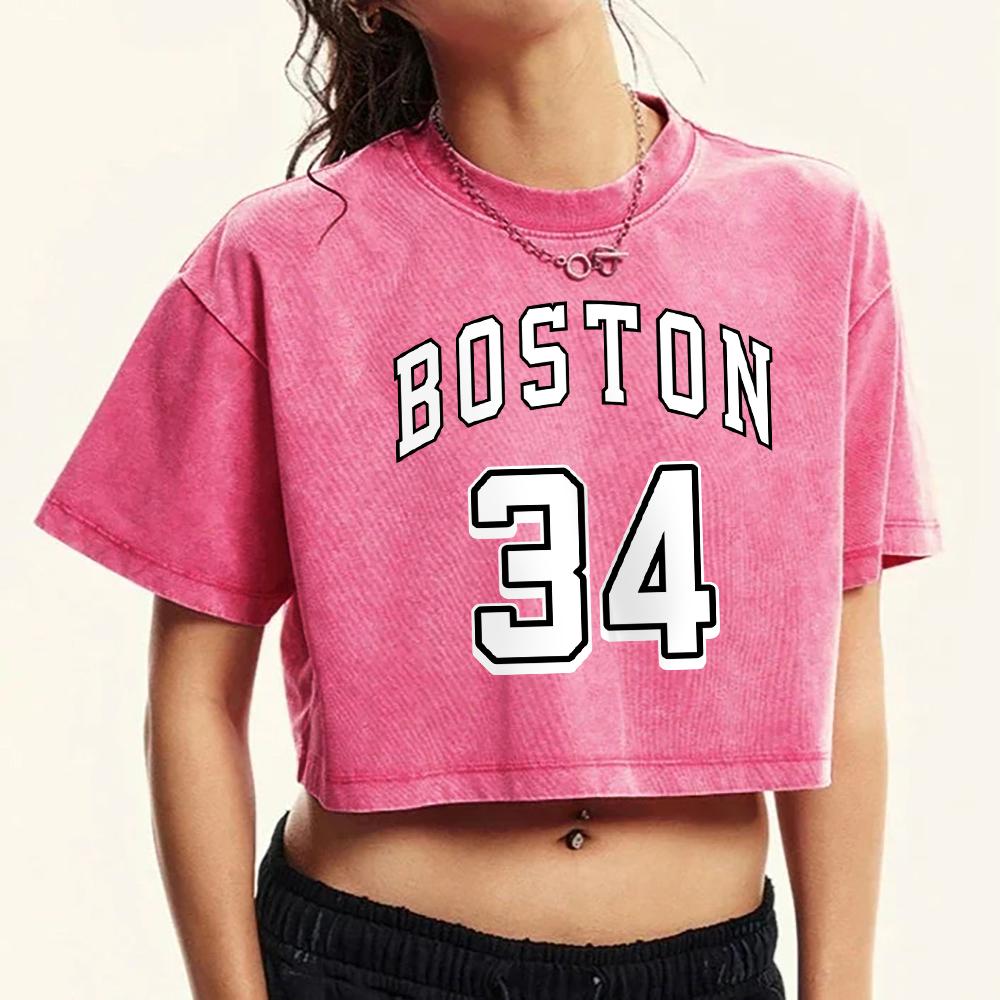 Boston 34 Kunst Buchstabenaufdruck Damen Gewaschenes Crop-T-Shirt Baumwolle Casual Tee Tops Street Hip Hop Kurzarm T-Shirts