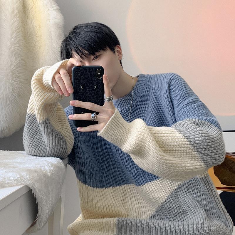 Autumn Winter New Men Sweater Black White Block Jacquard Streetwear Men Tie Dye Casual Pullover Harajuku High Street Top