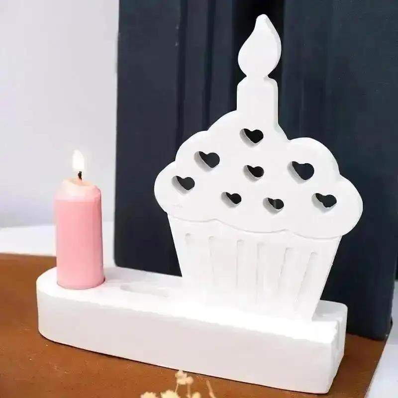 DIY Cake Tea Light Gypsum Craft Gifts Making Home Brithday Decor Candle Holder Silicone Mold Heart Cake Candlestick Resin
