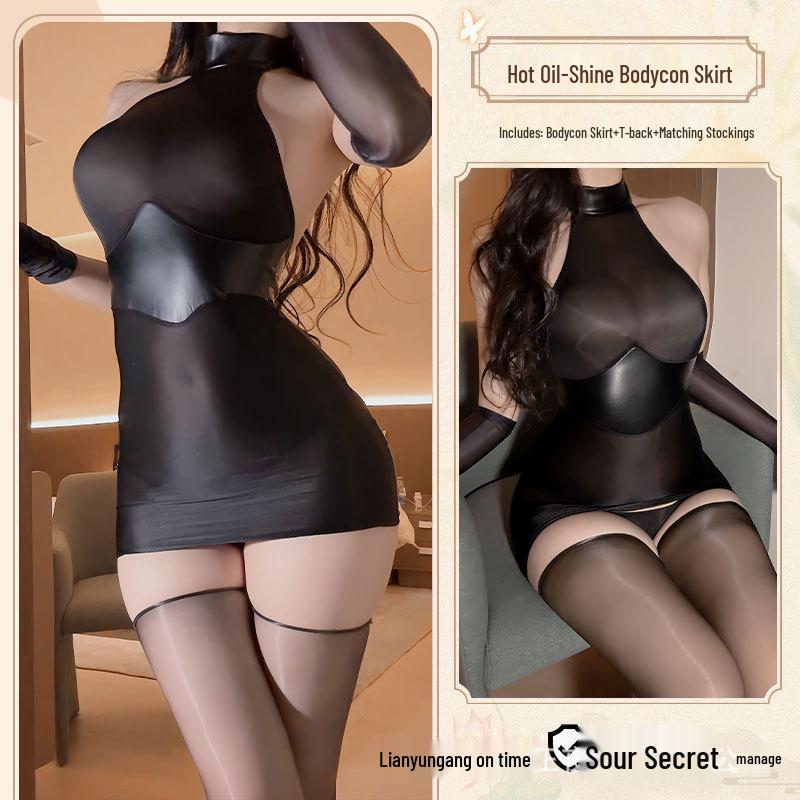 Nighttime Fun: Sexy Patent Leather See-Through Bodycon Skirt Set for Women