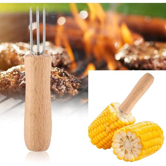 Corn Holders Stainless Steel with Wood Handle, Corn On The Cob Holders Fruit Forks for Home Cooking and BBQ, Cooking, Picnics, Parties and Camping,