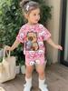 Girls Summer 2 Piece Set Cute Capybara Animal Print Short Sleeve Top And Shorts Casual Outfit For Kids Daily Wear