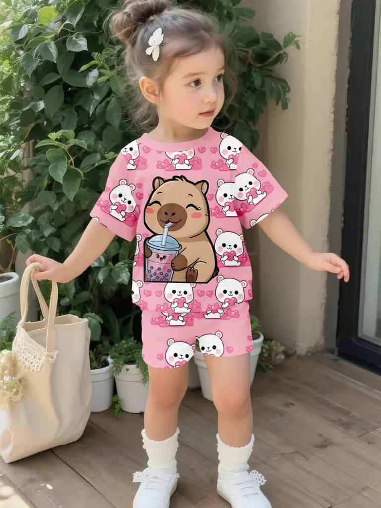 Girls Summer 2 Piece Set Cute Capybara Animal Print Short Sleeve Top And Shorts Casual Outfit For Kids Daily Wear