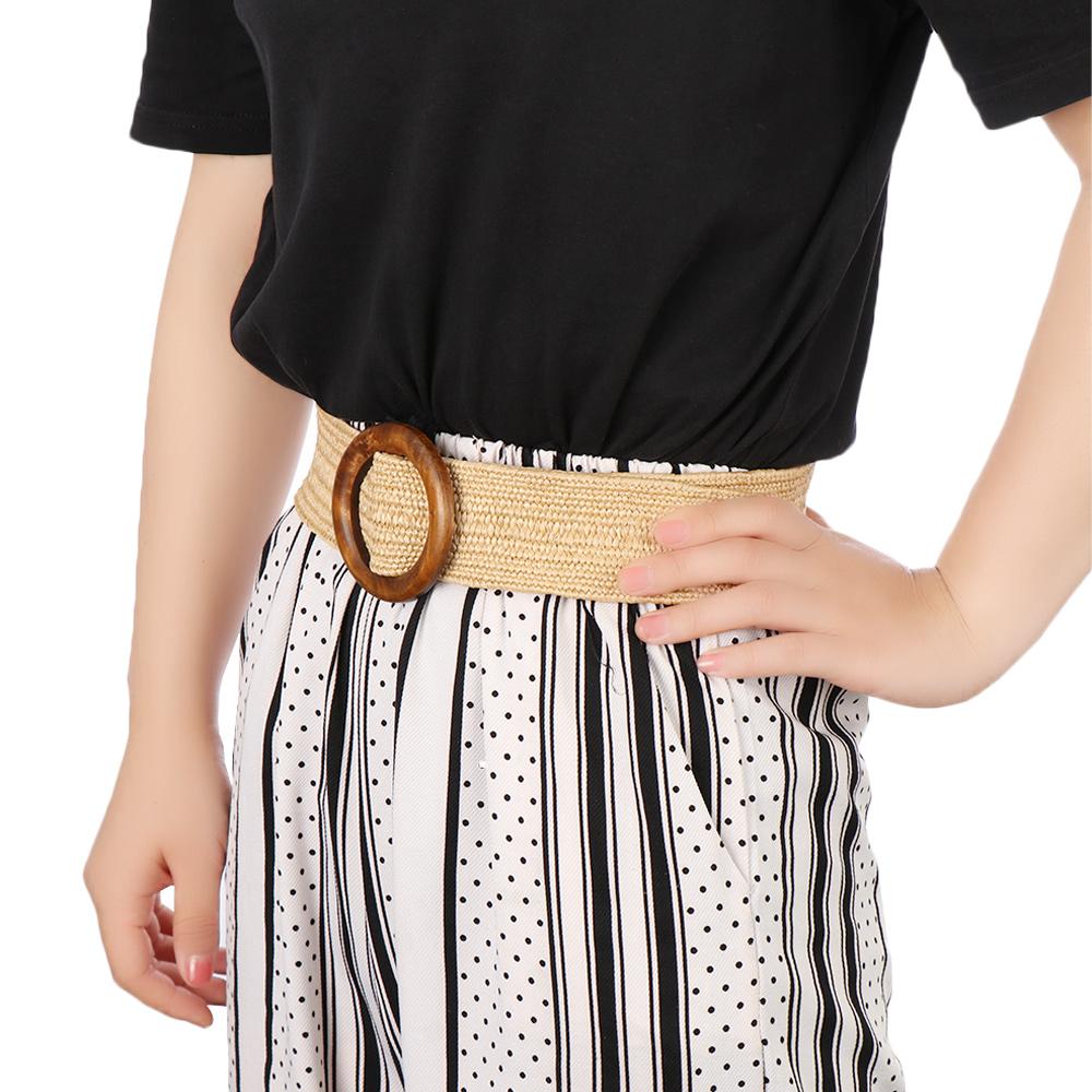 Casual Wide Dress Belt Shirt Round Wooden Buckle Straw Belt Elastic Waist Chain Belly Body Jewelry