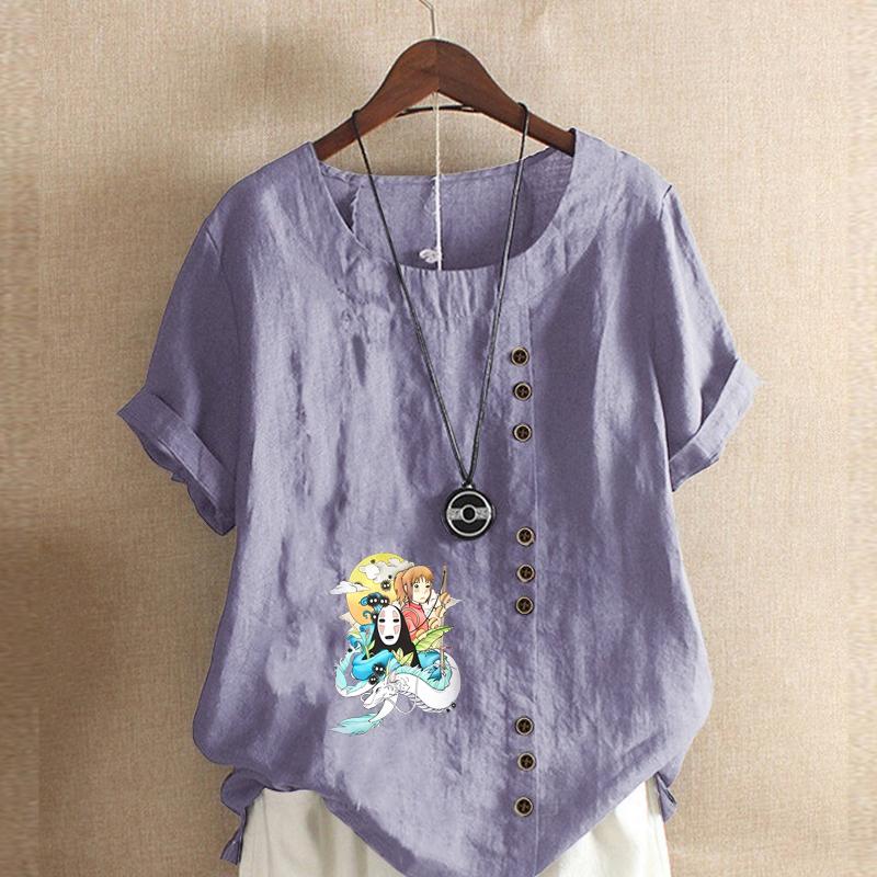 Women's New Fashion Linen Shirt Round Neck Short Sleeve Cartoon Characters Pattern Printed T-shirt Summer Ladies Casual Plus Size Blouse Tops