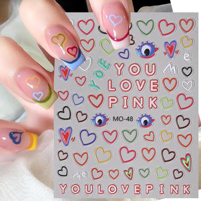 5D Nagelaufkleber mit Cartoon-Prägung und bunten Herzmustern, kindliche Aufkleber