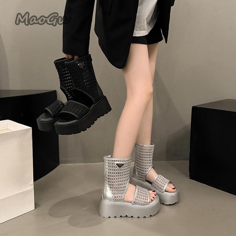 Mode Damen Sommerstiefel Größe35-40 Neu Hohler Rücken Reißverschluss Fischmaul Coole Stiefel Dicke Sohle Muffinsohle Sandalen Erhöhende Schuhe