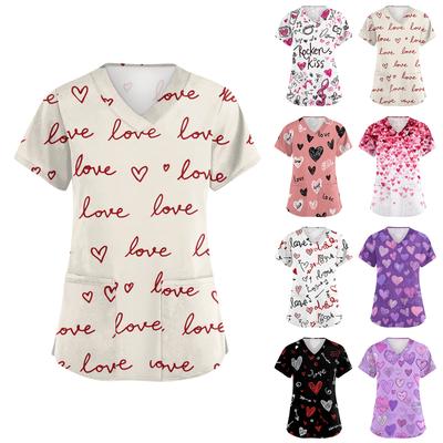 Women's V-neck Valentine's Day Printed Short-sleeved Pocket Side-slit Protective Suit Top