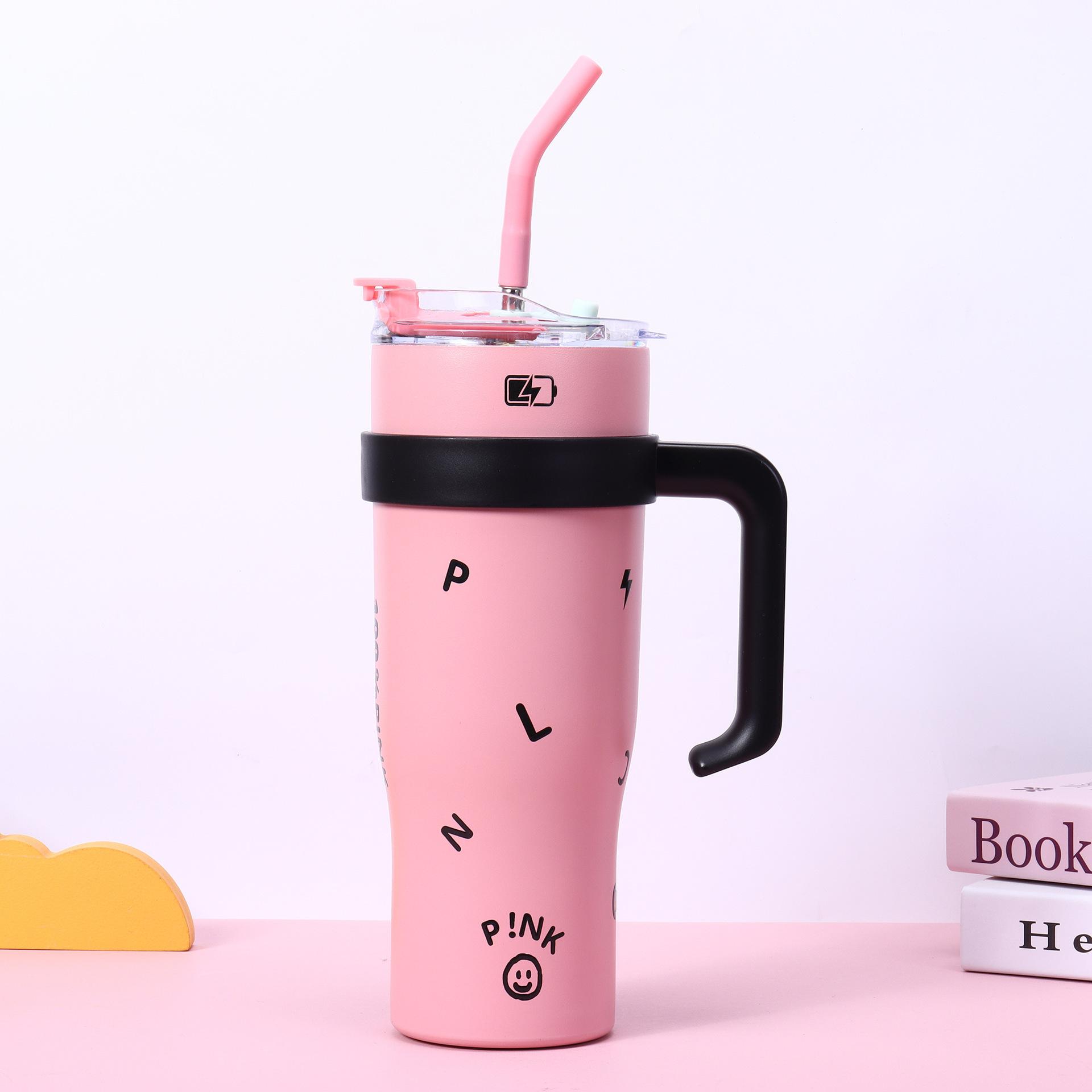 

Ice King Cup Large Capacity Insulated Stainless Steel Mug with Handle, Heat-Resistant Car Cup with Straw, Stylish Design 1200ml розовый