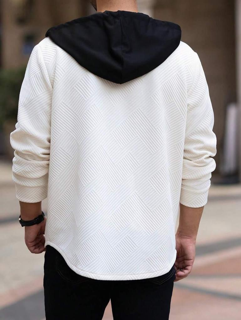 Men's Autumn/Winter Color Block Hooded Jacquard Sweatshirt with Buttons and Pockets