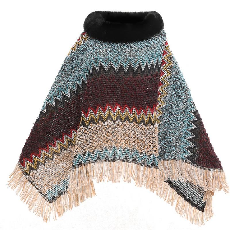 Color Ethnic Style Pullover Cape Women's Fur Collar Women's Knitted Cape Warm Autumn and Winter Shawl