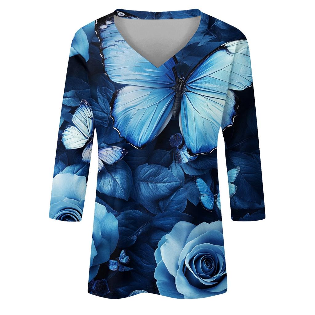 Women's Tops Three-quarter Sleeve Shirt V-neck Loose Casual Shirt Floral Print T-shirt