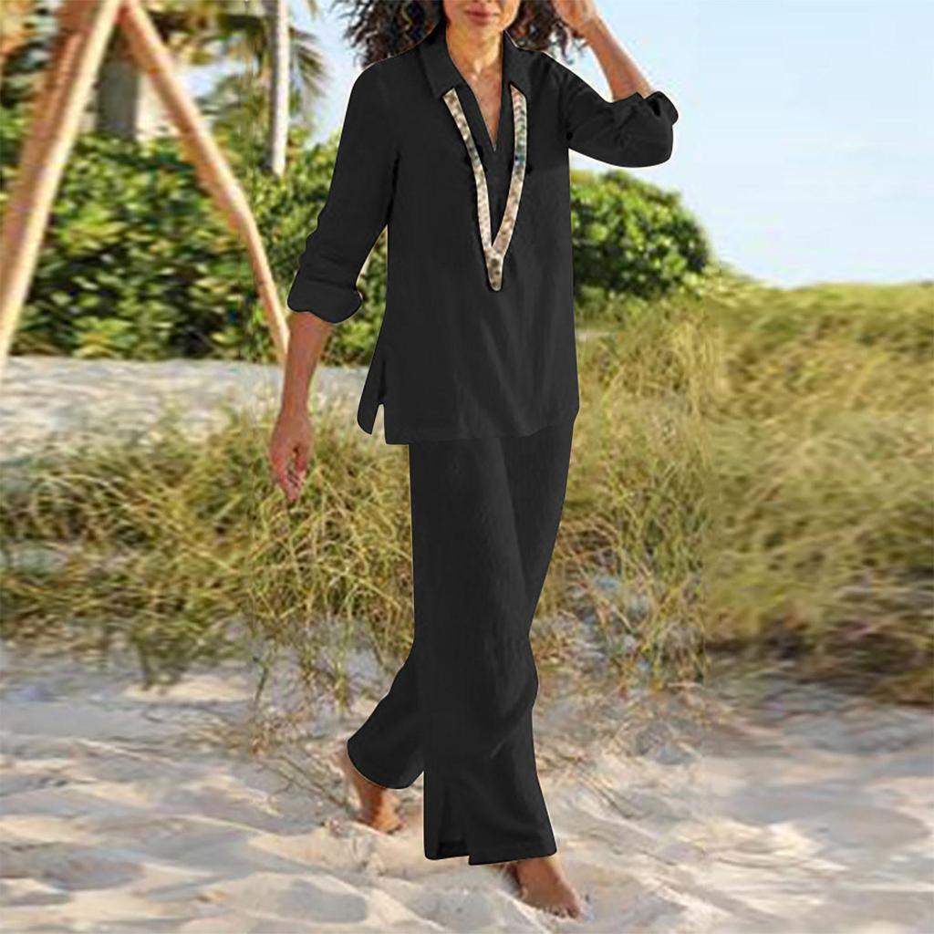 Women's Solid Colour Country Style Vintage Pants Casual Long Sleeve Loose Suit