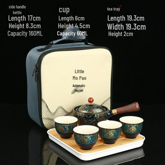 Portable Ceramic Kung Fu Tea Set with Bag – Includes One Pot, Four Cups, and Side Handle for Outdoor or Car Use