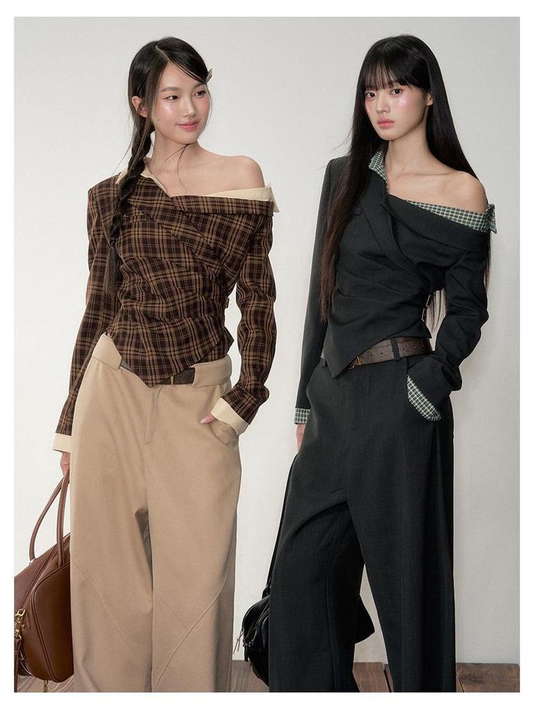 Herbst Schulterfreies Karriertes Langarmhemd für Damen, Tailliert, Schlankmachend, Wunderschönes Design