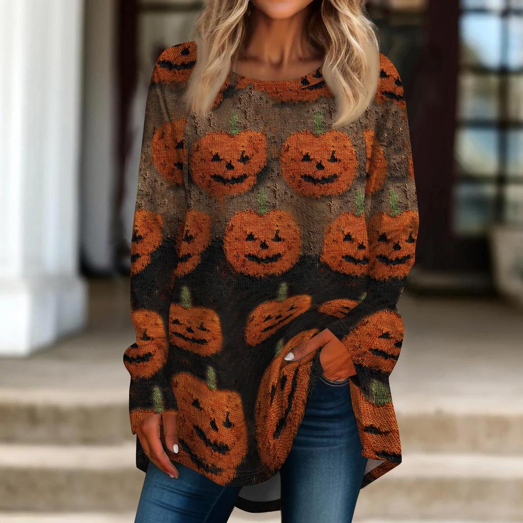 Women's Long Sleeve Halloween T-Shirt Loose Fit Crewneck Casual Print Top