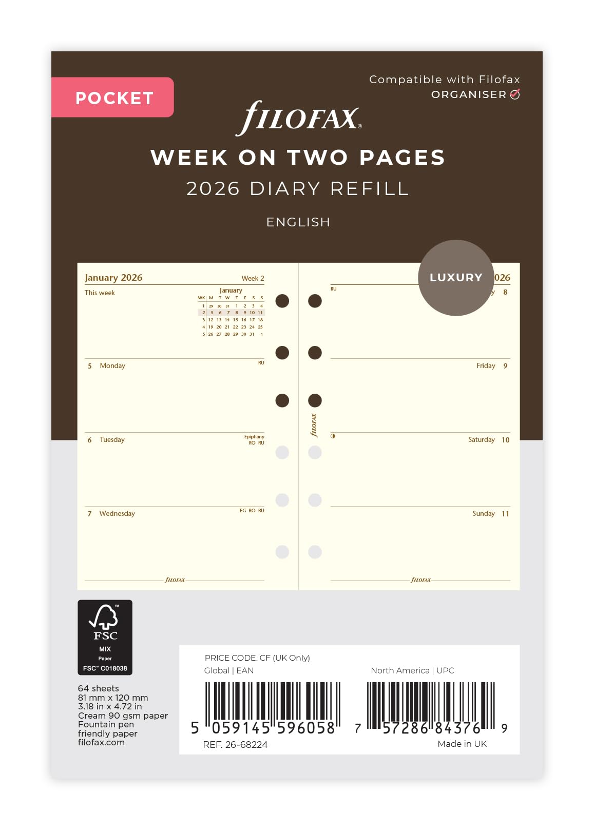 

Сменный блок для органайзера Filofax, 2026, начало с января, малый недельный, кремовый, 26-68224, официально импортирован