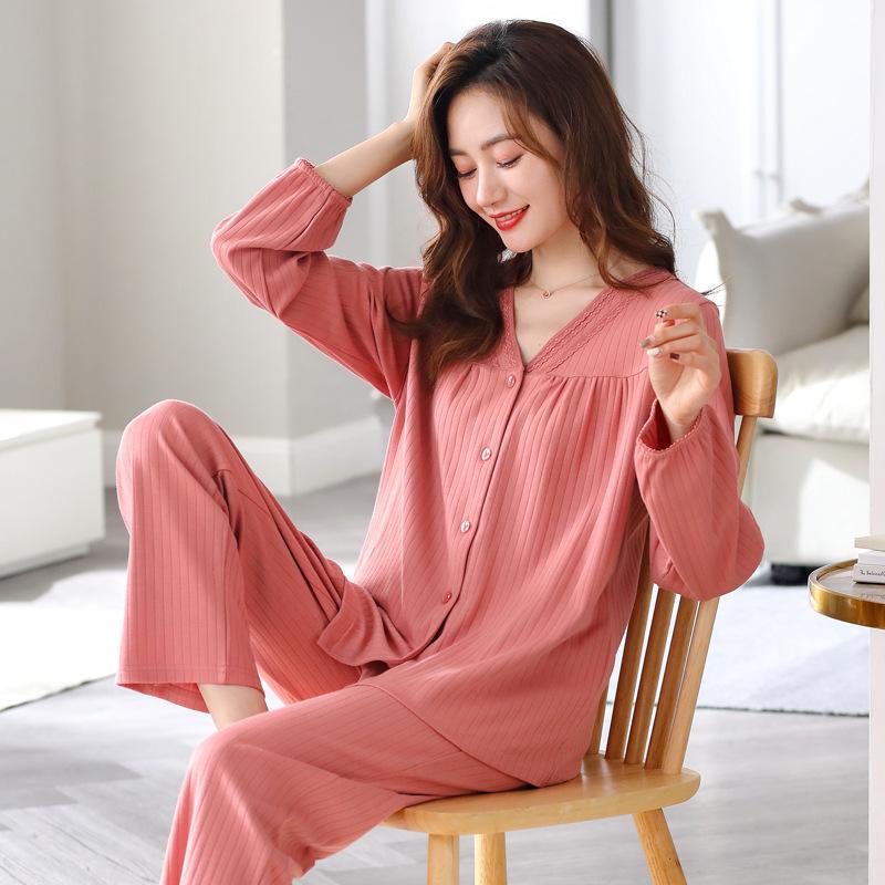 New pajamas women s spring and autumn cotton long-sleeved V-neck cardigan temperament loungewear women s spring and autumn casual suit m suggest 40-50kg