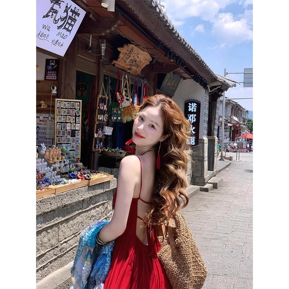 Temperament Fashionable Wear French Red Suspender Dress Female Sexy Backless Suitable for Seaside Vacation Photo Skirt