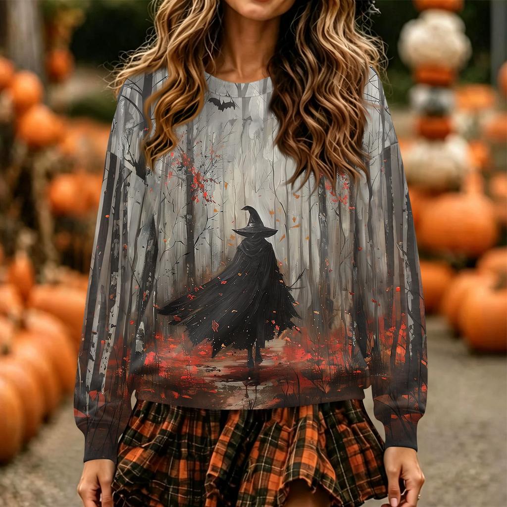 Women's Halloween Print Neck Pullover Sweatshirt, Long Sleeve Casual Fashion Top