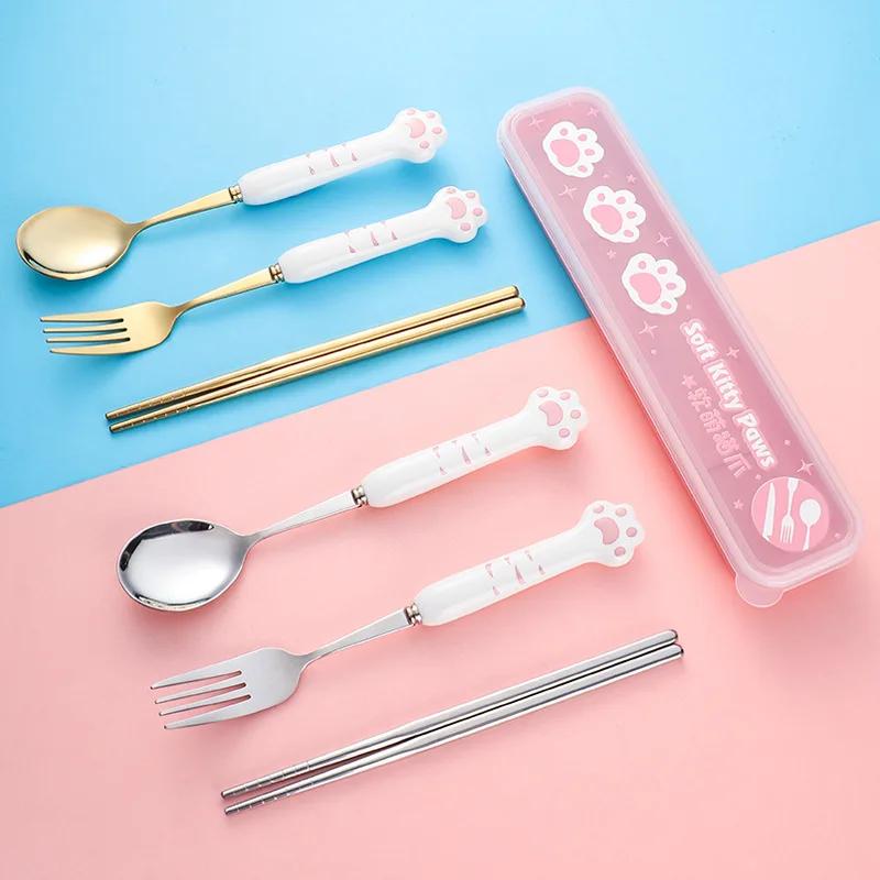 Set di posate in ceramica e acciaio inossidabile 304 con motivo a zampa di gatto, composto da cucchiaio, forchetta e bacchette. Un'idea regalo perfetta.