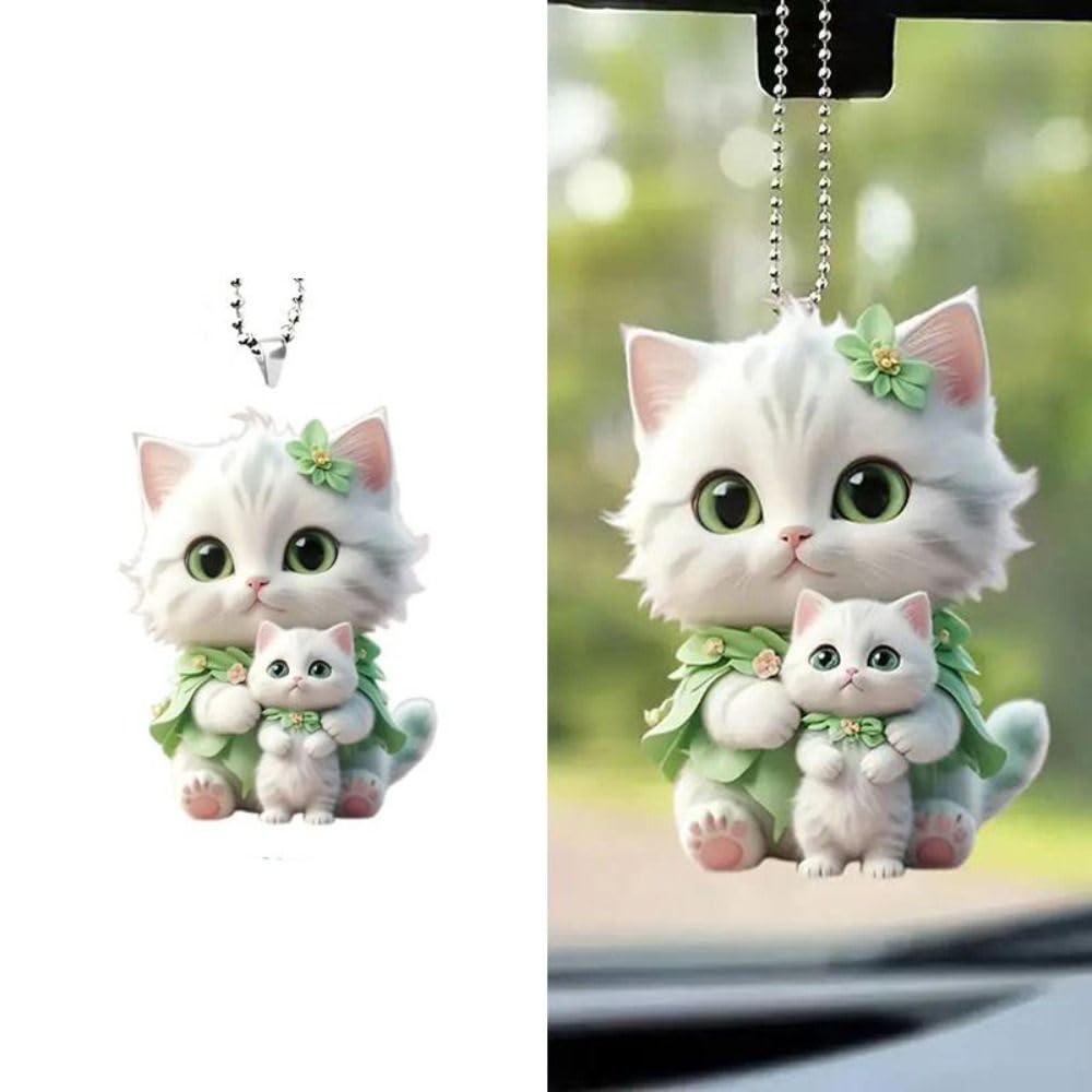 Cat Car Hanging Decoration Cartoon Acrylic Car Hanging Ornament Rearview Mirror Car Decoration Gift with Chain