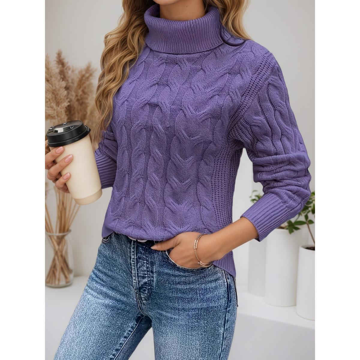 

Женский свитер с высоким воротником - Мягкий эластичный пуловер, Необходимый однотонный топ для осени и зимы, Ручная стирка, Удобный и облегающий S фиолетовый