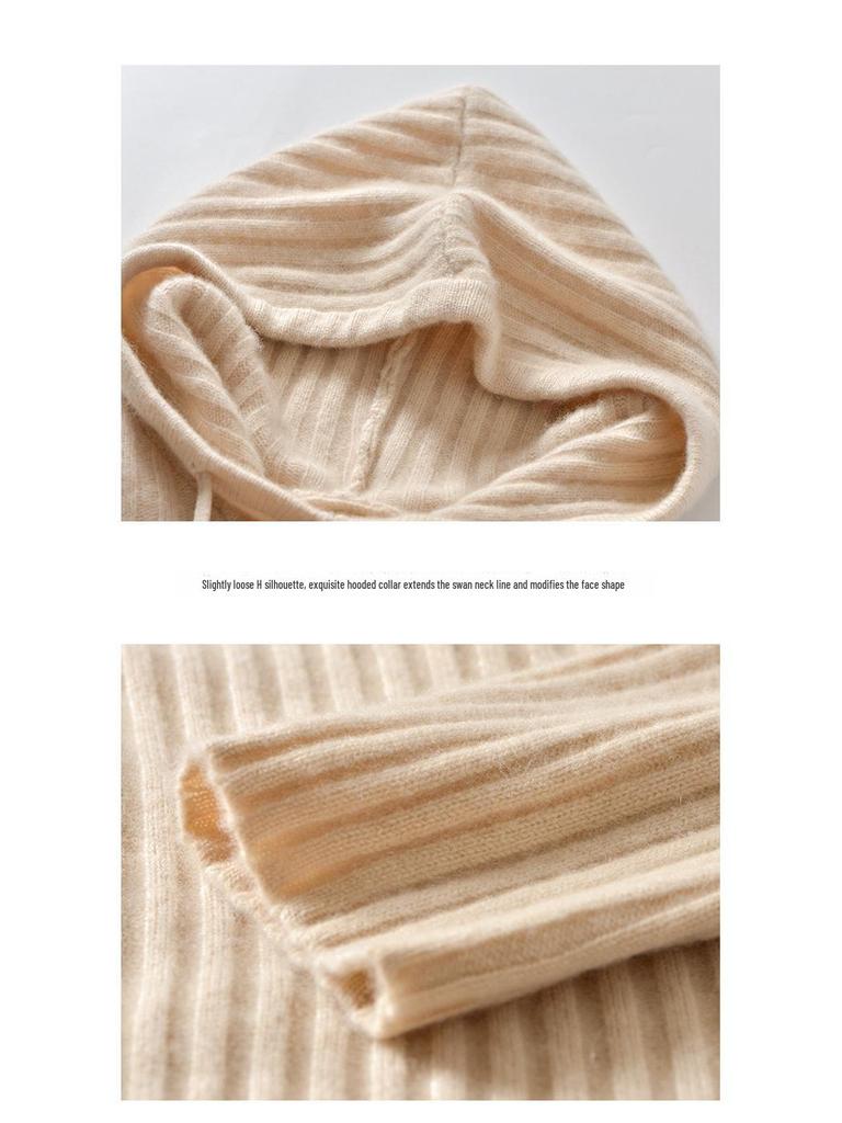Women's Hooded Mid-Length Wool Sweater Dress, Loose-Fitting Knitted Outerwear, Solid Color, Long-Sleeved