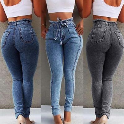 Moda Taglie Forti Jeans Skinny a Vita Alta con Cintura Donna Denim Elasticizzato Pantaloni Lunghi