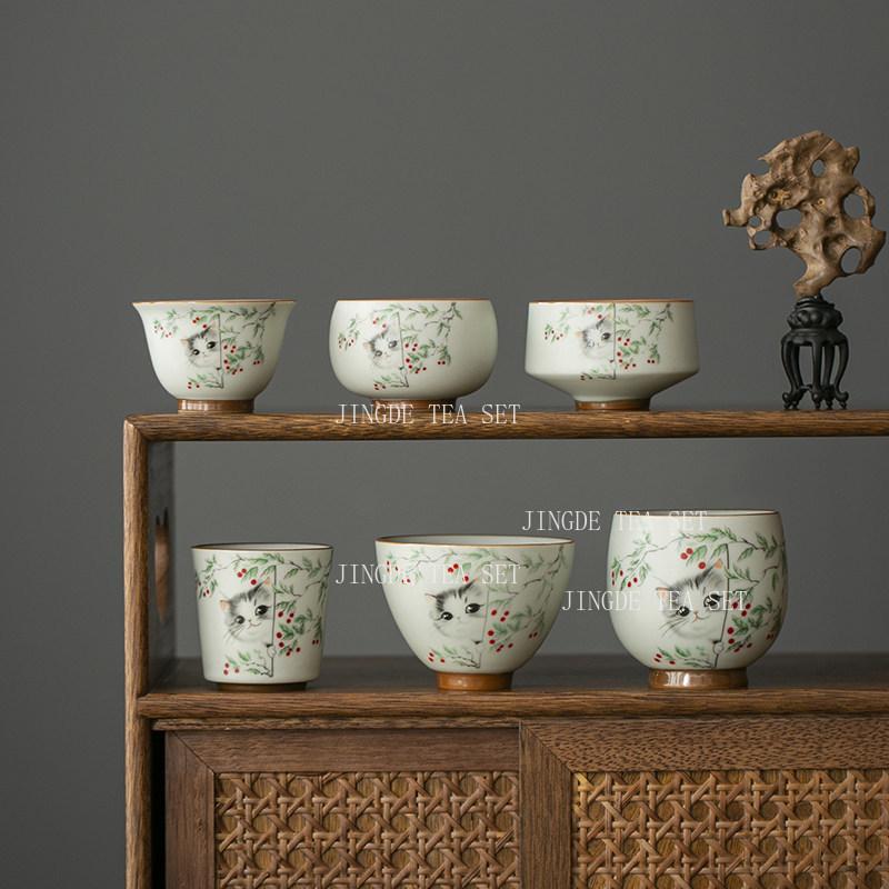 Ruyao Cat Tea Cup Chinese Style Master's Cup Household High-end Tea Cup Ceramic Kung Fu Tea Set Drinking Utensils Teacups