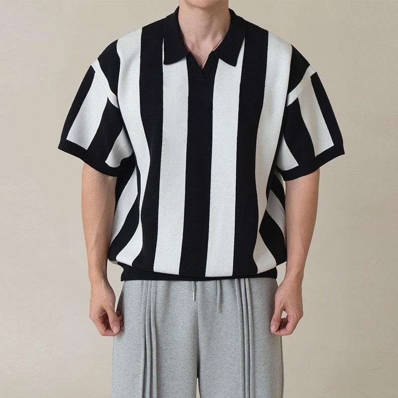 

INCERUN Мужская полосатая футболка с коротким рукавом и лацканами, повседневные полосатые топы M