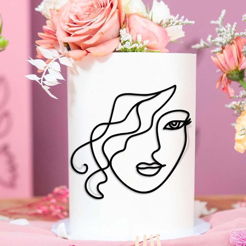INS Abstract Minimalist Lines Cake Toppers Black Acrylic Lady Face Birthday Cake Topper for Kids Birthday Party Cake