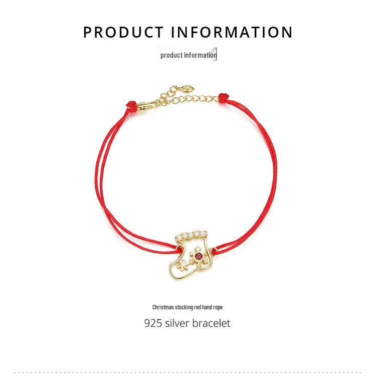 Everle Christmas Stocking Bracelet: Hand Rope Sterling Silver S925 with Gold Plated Zircon, Red Hollow Stocking Design