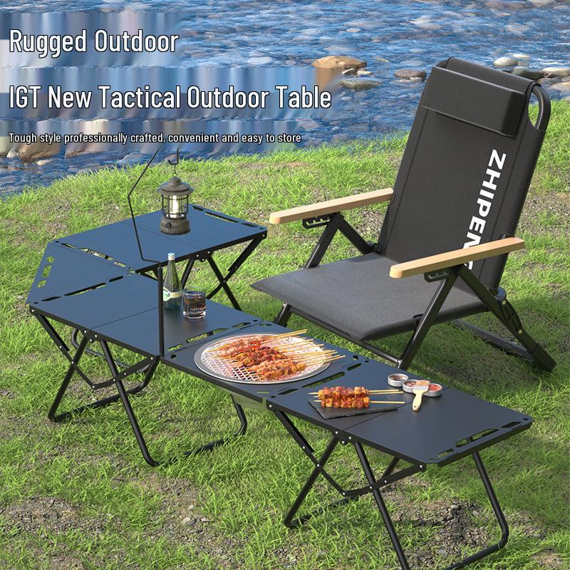 Portable Lightweight Foldable Outdoor Camping Table - Quick-Open Tactical Design, Multifunctional Carbon Steel BBQ Table.