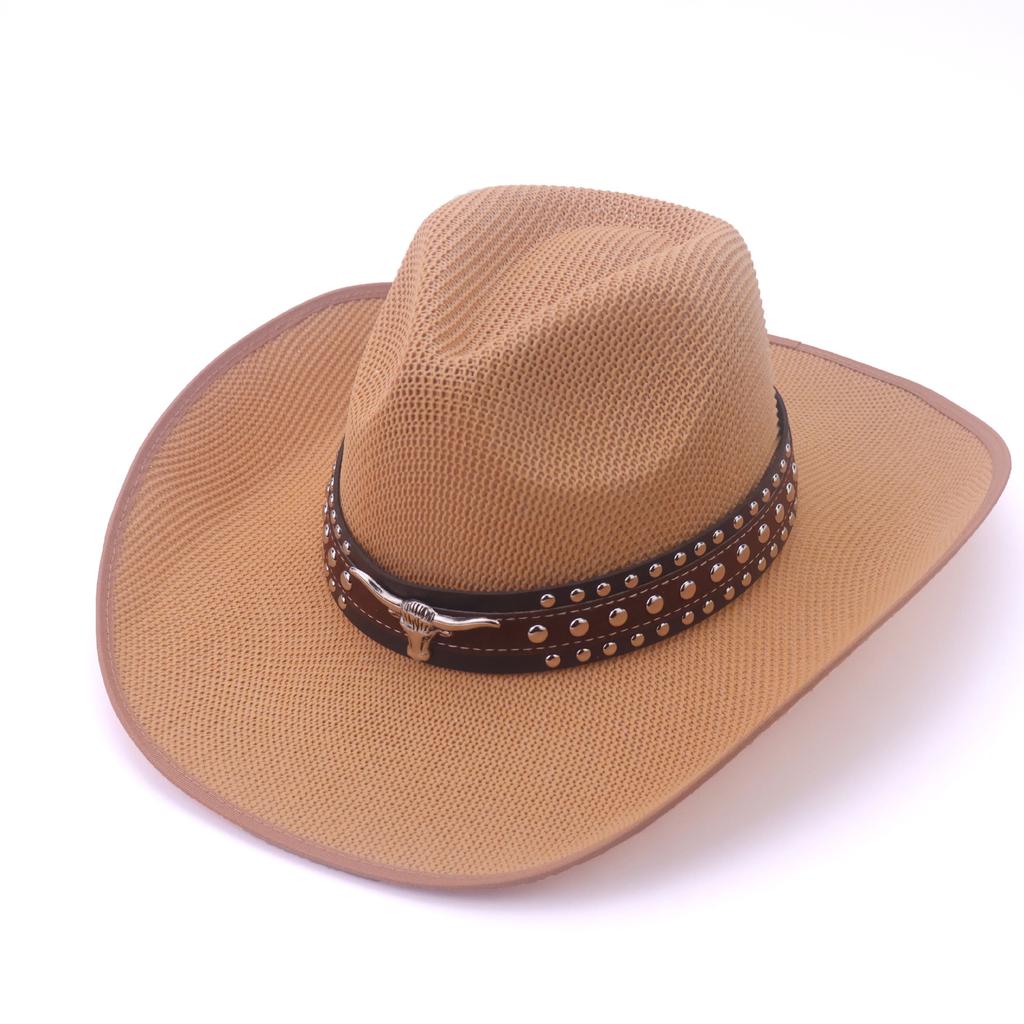 Hot-selling European, American and Western denim straw hat rivet bull head design hard hollow western denim hat