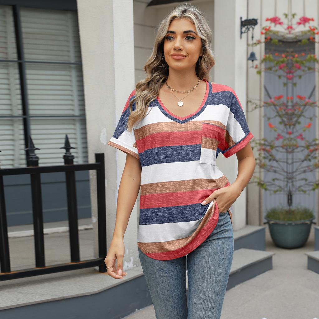 2025 Spring Summer Women's V Neck Batwing Sleeve Pocket T-Shirt, Printed Striped Casual Blouse Top