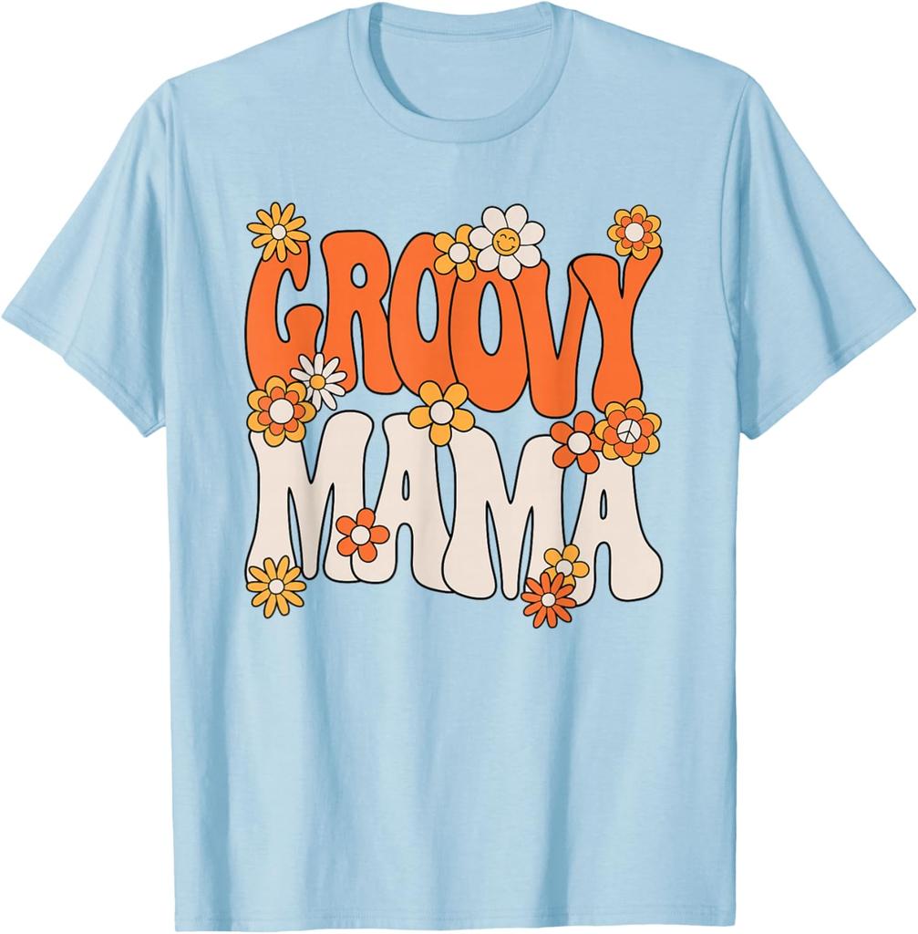 Groovy Mama Hippie 70s Retro Floral Print Cotton Graphic T-Shirt Casual Women Tee