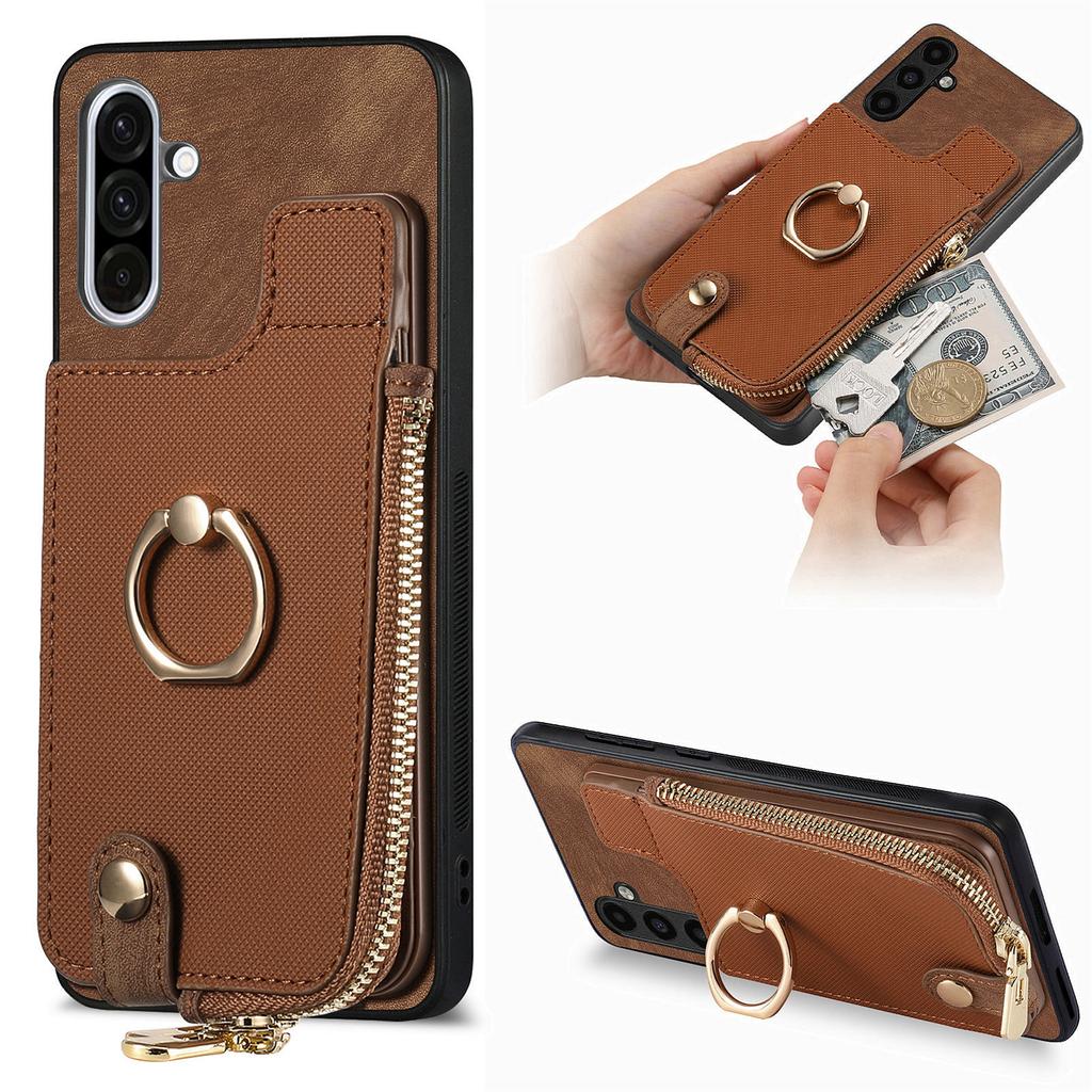 For Samsung Galaxy A36 5G Bakdeksel i lær med glidelåslommebok og ringstøtte