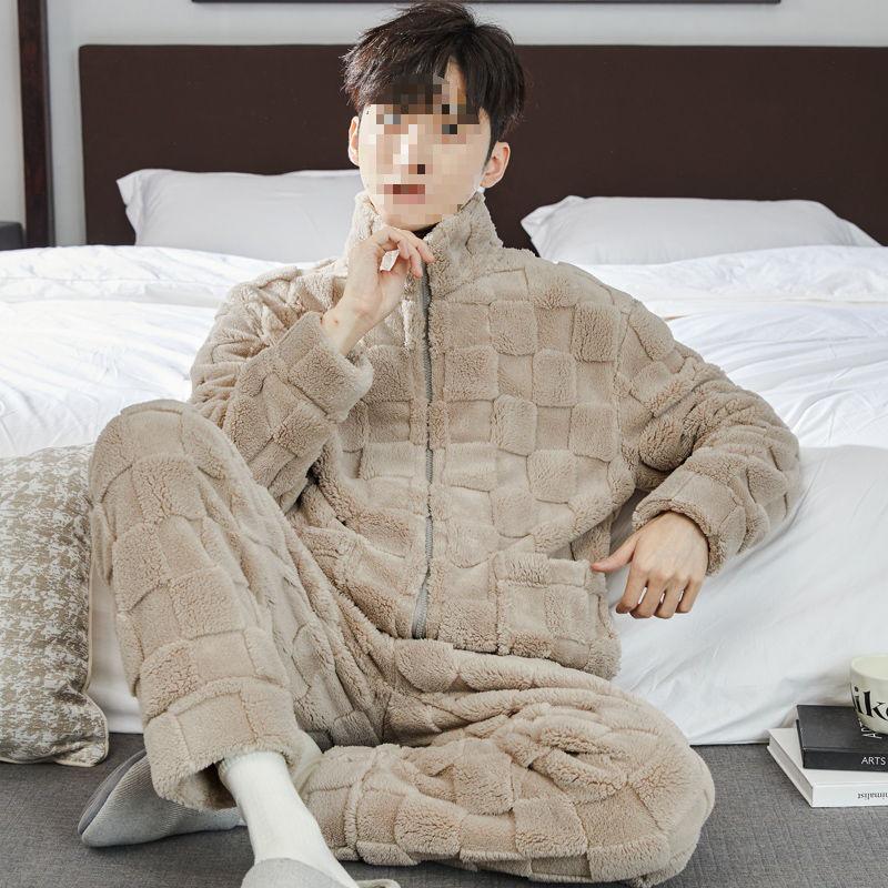 Herren Winter Korallenfleece Schlafanzug Set - Dick, Plüschgefüttert Flanell mit Reißverschluss, Stilvoll und Gemütlich für Herbst und Winter