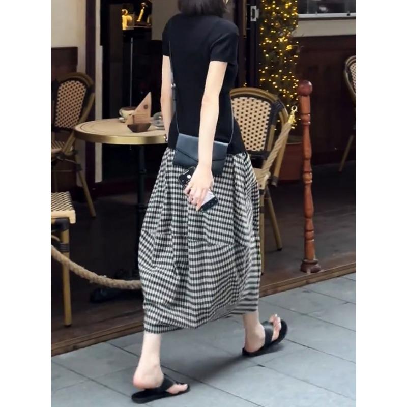 Klassischer Damen Sommer Neuer Elastischer Bund Kordelzug Knospe Temperament Karierter Rock