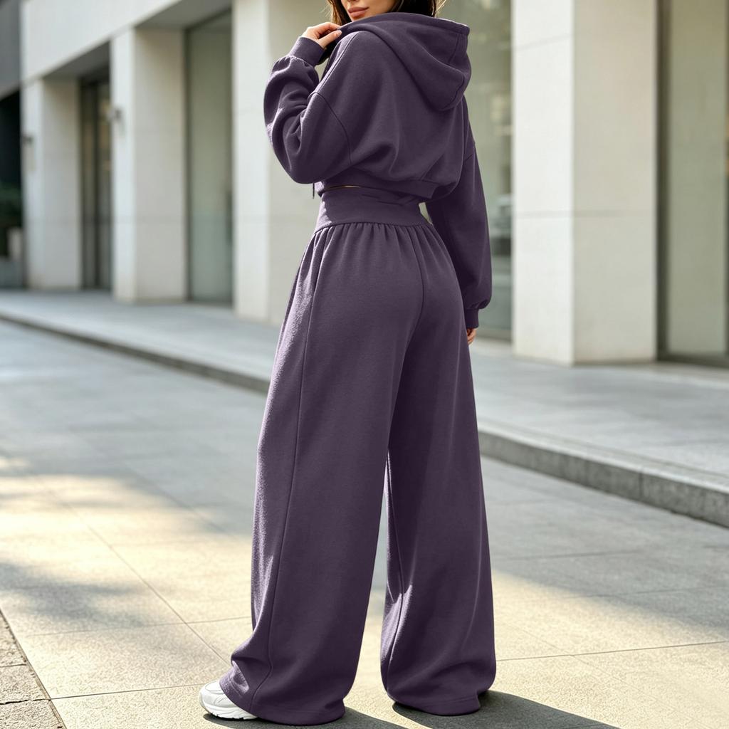 Women's Casual V-Neck Hooded Long Sleeve Sweatshirt and Pants 2 Piece Set