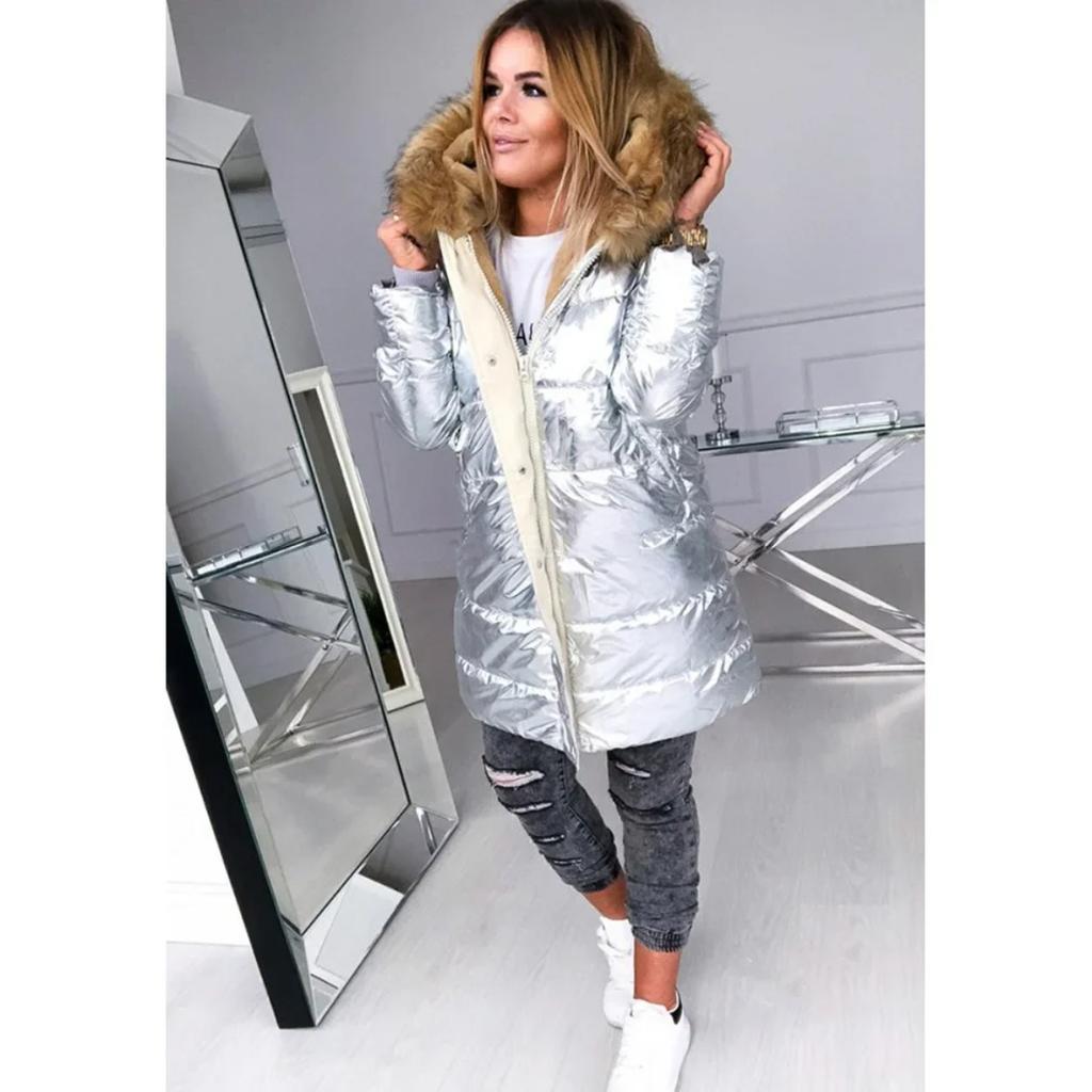 Lässige Warmhaltende Parkas Oberbekleidung Damen Einfarbig Glänzend Reißverschluss Pelzkragen Mäntel Jacken Mantel Oberbekleidung Parkas Mäntel