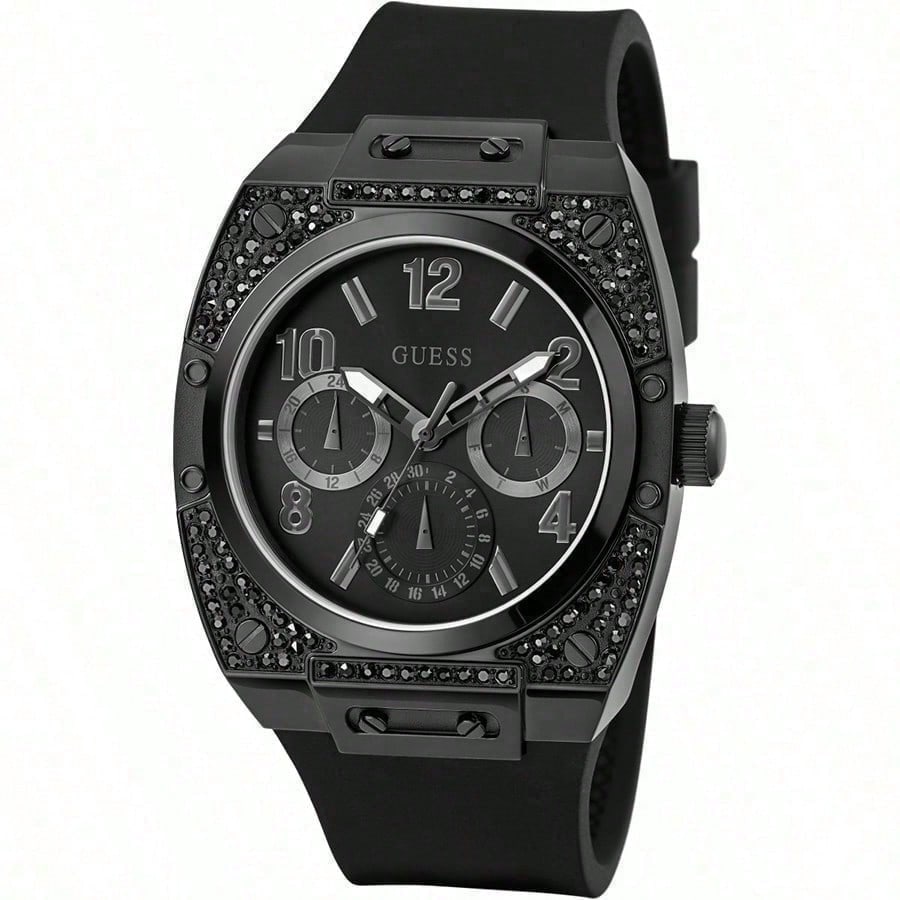 

Guess Men s Quartz Chronograph Watch - Black Strap Gold Dial Diamond GW0368G3